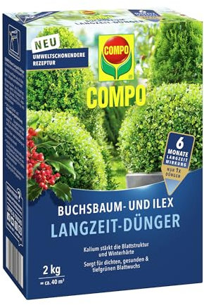 COMPO Concime a lungo termine per bosso e ilex, per bossi, agrifoglio e siepi, formula più ecologica, effetto a lungo termine, 6 mesi, 2 kg, 40 m²