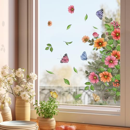 Tanlaby Colorati Fiori Adesivi per Finestre Estate Pianta Farfalla Vetrofanie Adesivi Primavera Fiore Decalcomanie per Finestre Anti-Collisione Finestra Vetro Porte Decalcomani Porte Soggiorno
