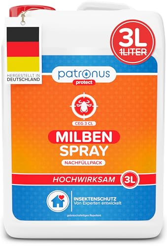 Patronus Milbenspray für Matratzen und Polster 3 Liter - speziell für Hausstaub-Allergiker - Milben-Spray mit Sofortschutz zur Abwehr gegen Hausstaubmilben, mit dezentem Eukalyptus-Zitrusduft