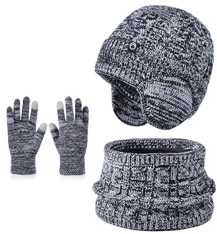 D'hiver Enfant Bonnet avec Cache-Oreille Écharpe Gants 3 en1, Doublure Intérieure en Polaire Bonnet en Tricot Chaud Élastique Cache-Cou Gants à écran Tactile pour Fille Garçon 4-10
