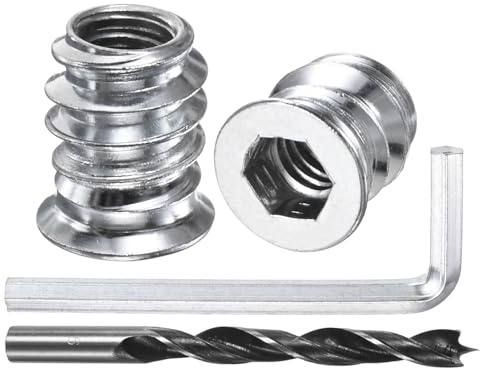 M METERXITY 100 Pezzi Inserti Filettati Per Legno, 1/4-20x10mm Inserti Filettati A Testa Esagonale Per Mobili In Legno, Con Chiave Esagonale E Punta Da Trapano [Tono Argento]