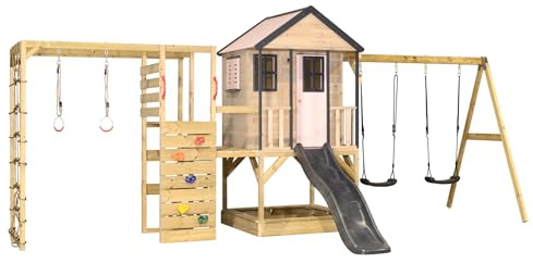Wendi Toys M60PPG-G Casa con tobogán, columpio doble y torre de escalada, de madera, casa de juegos para niños, jardín al aire libre, con pared de escalada, red de escalada y caja de arena, 342 × 563