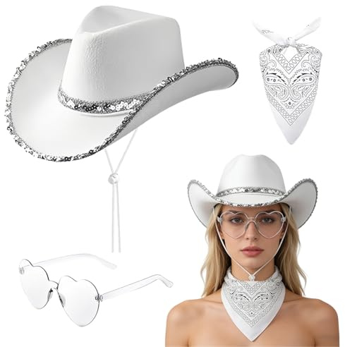 KDFSSIPE Set Cappello da Cowboy Western, Cappello da Cowboy Occidentale, Set Cappello Cowgirl Occidentale, Occhiali da Sole con Foulard Adatti per Feste Cosplay e Carnevali (Bianco)