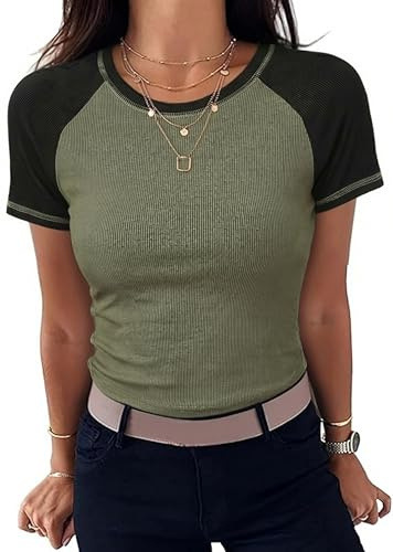 Litherday T-Shirt Femme Élégant Col Rond T-Shirt Bicolore Raglan Manches Courtes Hauts Côtelé Basique Slim Fit Stretch T-Shirt Casual Été Tenue S-XXL