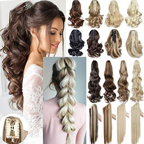 Coleta Postiza con Pinza Extensiones de Clip de Pelo Natural Extensiones de Cabello Rizadas Sintético Ondulado Ponytail Largo Claw 45cm Marron oscuro
