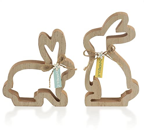 COM-FOUR® 2x Espositori decorativi per Pasqua - coniglietti pasquali in legno decorativi con fiocco - decorazione in legno da posare (2 pezzi - conigli cavi)