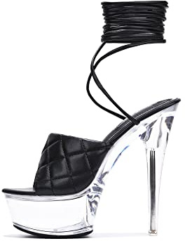 Cape Robbin Women's Transparent Platform Stiletto Heel Sandals - Open Round Toe Party Dressy Shoes with Quilted Lace-Up Detail (Maxxi) - Black Size 10