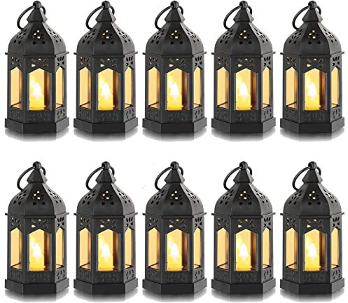 Small Lanterns with LED Candles Set of 10, Hewory Mini Black Gothic Lantern Vintage Decorative Hanging Garden Lantern for Outside Halloween Christmas Wedding Decorations Party Yard, Battery Included