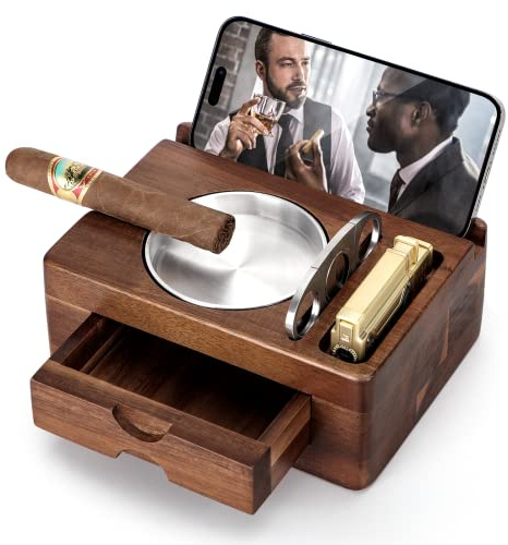 Tesonway Cigar Ashtray, Wooden Cigar Ashtrays with Cigar Cutter, Phone Tablet Holder, Cigar Holder, Accessories Drawer and Lighter Slot, Home Bar Outdoor Ashtray, Great Cigar Accessories Gift for Men