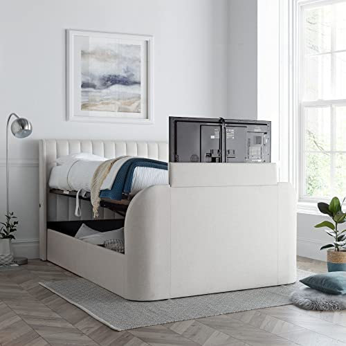 happybeds TV Bed, Luther Natural Fabric Ottoman Electric Media TV Bed, Double, King Size, Super King Size (Double)
