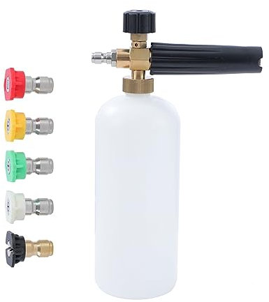 Aim Tools Foam Cannon Snow Foam Lance Adjustable Spray Nozzle 1/4 Quick Connector with 5 Nozzle Tips, 1 L High Pressure Washer Jet Wash Soap Dispenser Bottle for Car Washing Cleaning
