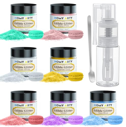 HOMY ARTY Glitter Commestibili 7 colori x 4g Glitter in Polvere per Alimenti, HOMY ARTY Bevande in Polvere, Polvere Glitter per Alimenti, Torte, Bevande, Liquidi, Cioccolato, Panna