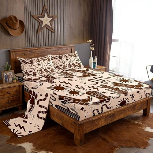 Western Cowboy Bedding Set Twin Size Tribal Bull Skull Cactus Snake Bed Sheet for Kids Boys Teens Vintage Rustic Brown Top Flat Sheet Cartoon Stars Sun Print Fitted Sheet 3Pcs,1 Pillowcase