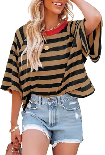 Dokotoo Summer Womens Tops for Women Cute Crop Tops 2025 Fall Striped Short Sleeve Shirts Women's Clothes Clothing Blouses Dressy Casual Fashion Trendy Oversized Tshirts Tee Cruise Outfits