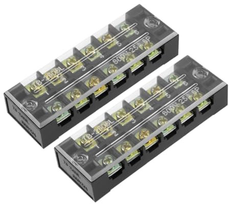 Rebower 6 Positions Dual Rows 600V 25A Terminal Strip Blocks Barrier Screws (with Cover), [for Wires Connecting, Electronic Circuits] - 2 Pack/Black/TB-2506L