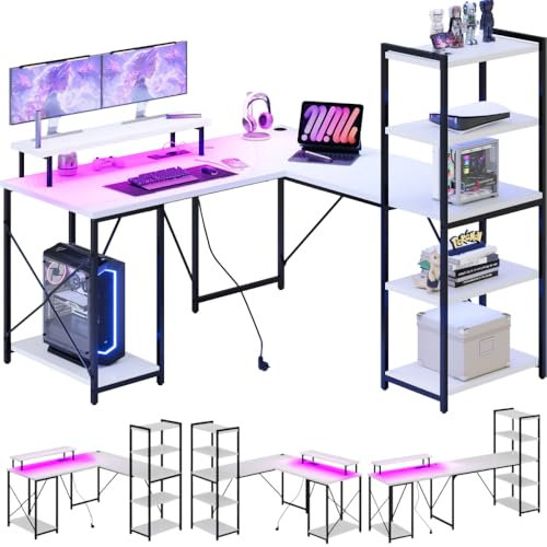 Devoko Gaming Tisch Schreibtisch l Form mit LED, Schreibtisch mit Regal, Bürotisch mit USB-Ladeanschluss & Steckdose, Eckschreibtisch mit Monitorständer 140×140cm (Weiß)