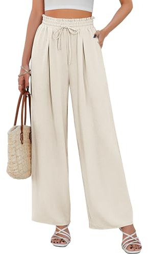 CMTOP Pantalon Femme Été Fluide à Jambes Larges, Taille Haute Elastique avec Cordon de Serrage, Léger et Elegant de Plage Décontracté avec Poches