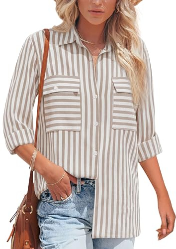 NONSAR Damblusa, långärmad, randigt, överdel, casual, randigt skjorta, bomull, tunika, långärmad skjorta, toppar, linneblusa, M