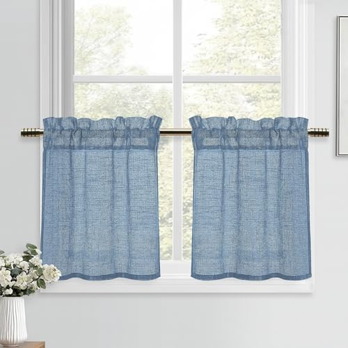 DWCN Blå fönstergardiner, moderna gardiner, linneutseende, kort gardin, halvtransparent, 2 stycken, H 45 x 60 cm, fönstergardiner för köksgardiner, lantställe, skåpgardin, vardagsrum, bistrogardin