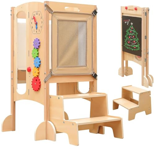 SOFTHOM Tour d Observation Enfant, Montessori Tour d'apprentissage pour Enfants, 5 en 1 Multifonctionnel avec Planche à Dessin, Protection Anti-Basculement, Repose-Pieds Amovible, Déjà Assemblé