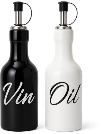 Ceramic Oil and Vinegar Dispenser Set – 2 Pack, Modern Olive Oil & Vinegar Cruet Bottles by Olmea, 195 ml, Non-Drip Pour Spouts for Kitchen