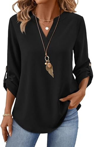 3/4 Length Sleeve Womens Tops Dressy Casual Blouses for Women Trendy V Neck Tunic Tops for Leggings Plus Size Spring Clothes Plain Black XL
