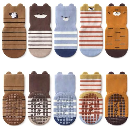 FedMois 5er Pack Baby Kleinkinder ABS rutschfeste Socken Sneaker Socken Tiermotive Baumwolle, Zebra, 3-5 Jahre