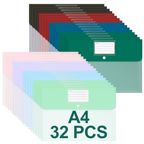 Euqvunn 32 Pièces Pochette Plastique A4, 8 Couleurs - Dossiers Pochette Transparente A4 Imperméables avec Bouton-pression pour Rangement & Organisation au Bureau, à l'École, à la Maison & en Voyage