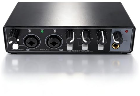 LICAEVEY Interfaz de Audio USB de 2 Canales, Tarjeta de Sonido de 24 Bits 192 KHz con Entradas XLR TS Duales, Preamplificador Portátil para Grabación de PC, Transmisión en, Podcast, Plug (BLACK)