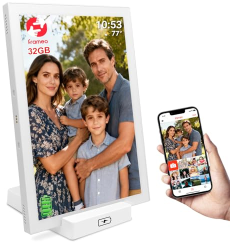 Frameo Cornice portafoto digitale da 10,1 pollici, Wi-Fi, batteria da 5000 mAh con stazione di ricarica wireless, memoria da 32 GB, touch screen HD IPS, rotazione automatica, condivisione istantanea