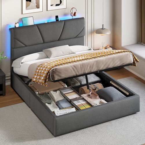 DICTAC 4ft6 Double Ottoman Bed with LED Lights – 760L+ Storage, Hydraulic Lift-Up, 52cm Dual‑Zone Upholstered Headboard, Charging Station, Adjustable Height, Grey