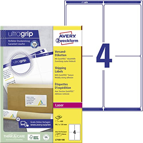 AVERY Zweckform L7169-100 Versandetiketten/Versandaufkleber (400 Etiketten mit ultragrip, 99,1x139mm auf A4, bedruckbar, selbstklebend, für mittlere, große Pakete und Versandrollen) 100 Blatt, weiß