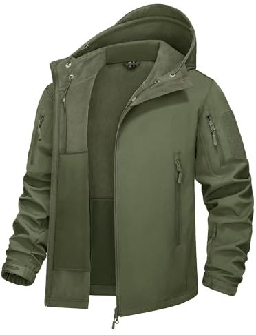 KEFITEVD Angeljacke Herren Winter Viele Taschen Wasserdicht Softshelljacke Winter Militär Jacke Softshell Arbeitsjacke mit Kapuze Übergangsjacke Männer Armeegrün L