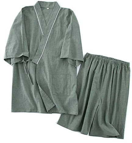 OWLONLINE Kimono Giapponese Pigiama da Uomo Top a Maniche Corte e Pantaloni Pigiama da Notte Set Taglia M-A17