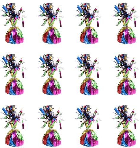 Ballongvikter för heliumballonger i regnbågsfolie – 12 x 160 g tunga ballongvikter födelsedagsfest bröllopsfirande dekor med tofsar