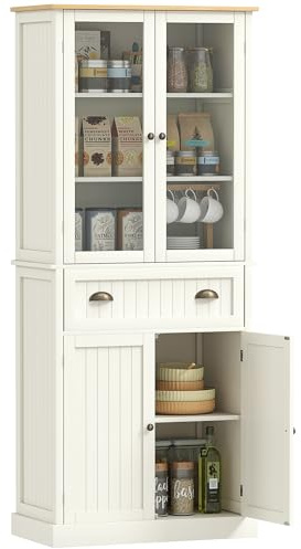 HOMCOM Buffet Meuble Cuisine Rangement Armoire de Cuisine 4 Portes Dont 2 Portes vitrées et 1 tiroir Hauteur 182,5 cm avec étagères réglables - Beige