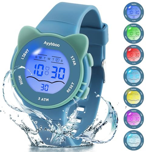 Ayybboo Kinderuhr Mädchen Jungen,7 Farblichter Armbanduhr Kinder mit Katzenmotiv,3 ATM Wasserdicht Digitaluhr Kinder für 4-12 Jahre Weihnachten Einschulung Geschenke (Blau)