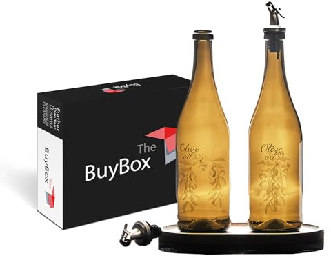 Lot de 2 750ml/25oz Bouteille Huile Olive Bec Verseur, Distributeurs d'huile d'olive et de Vinaigre, Distributeur d'huile d'olive en verre avec Plateau en Bois, Bouteille d'huile avec Distributeur