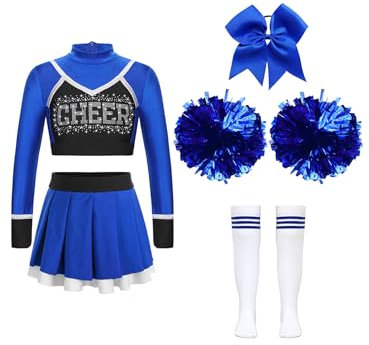 Jowowha Mädchen Cheer Leader Kostüm Cheerleading Kleid 5tlg.Langarm Crop Tops mit Rock Pompoms Socken Haarband Halloween Karneval Fasching Party Outfits Blau 146-152