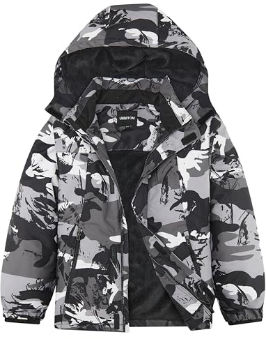 UMMTOM Boys Waterproof Ski Jacket Warm Winter Fleece Snow Coat Kids Outdoor Hooded Snowboard Jacket (White Camouflage,4-5)