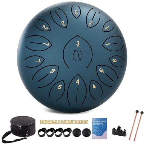 Steel Tongue Drum 12 Inch 15 Notes, Steel Drums Instruments for Kids Adults, Hand Pan Drum with Music Book, Drum Mallets and Carry Bag, Handpan C Major, Navy Blue