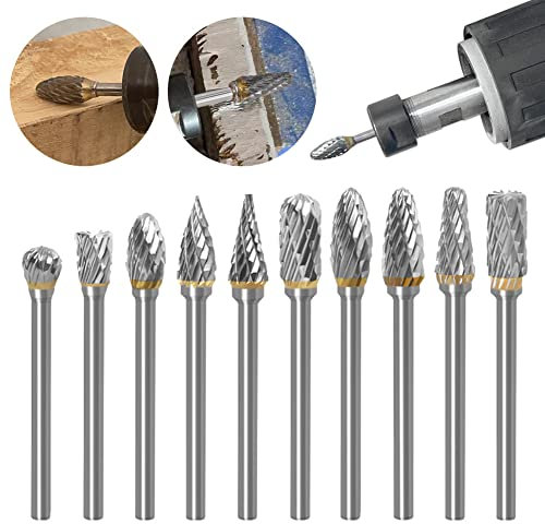 Set di 10 frese rotanti, utensili da intaglio in acciaio al carbonio massiccio, testa di levigatura per utensili rotativi Dremel, lavorazione del legno, incisione