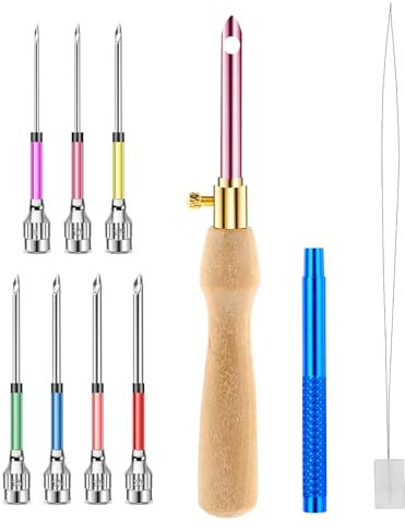 10 Pack Punch Needle Kit Adjustable Punch Needle Tool with 7 Sizes Needle Heads Wooden Handle Punch Needle Kits Adults Beginner Punch Needle Embroidery Kit Cross Stitch Crafts