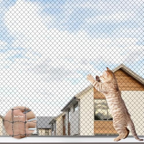 Katzennetz für Balkon, 6x3m Katzennetz Drahtverstärkt, Katzenschutznetz Balkonnetz für Katzen mit 19M Befestigungsseil und Zubehör, Schutznetz Katzen für Balkone Treppen Fenster Terrassen - Schwarz