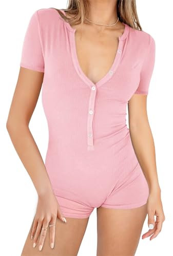 LACOZY Women's Pink Bodysuit Short Sleeve Sexy Bodycon Romper V Neck One Piece Shorts Outfits Playsuit Clubwear Pink S