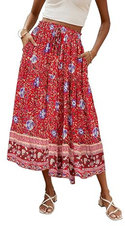 Hount Midi Rock Damen Sommer Wickelrock Boho Strandrock Blumen Hohe Taille Rock (M, Rot)