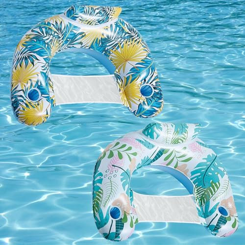 Ayizhiniu 2pcs Matelas Gonflables pour Piscine, Transat Flottant Piscine, Chaise Piscine Gonflable Flottante Forme U avec Porte-Gobelet, Hamac d'eau lit Flottant (Couleur Claire + Jaune-Bleu)
