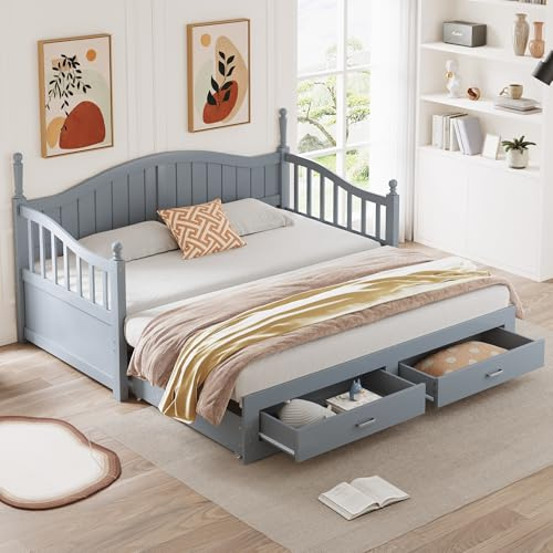 Sofá cama extensible de madera maciza de 90/180 x 190 cm, con columnas romanas, con respaldo y reposabrazos curvados, con cajones y somier, cama multifunción de pino (gris)