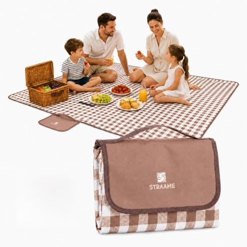 Straame Picnic Blanket Waterproof 200x140cm, Large Foldable Polyester Picnic Mat with Carry Handle, Machine Washable Gingham Beach Blanket for Camping, Garden, Festivals, Travel (Brown)