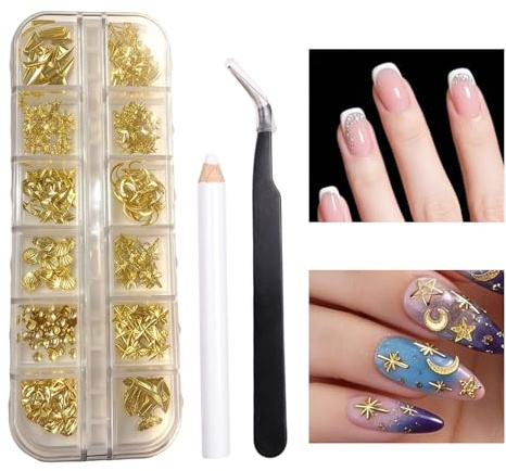 Nagelsmycken Guldglitter Smycken DIY Manikyr | Guld Nagel Dekorationer Manikyr Set För Kvinnor Och Tjejer Franska Kanter Akryl Nägel För Fester Bröllop Jul Dating Scen